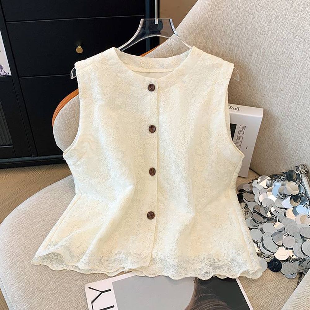 French Temperament Lace Single Breasted Sleeveless Vest Women's Top