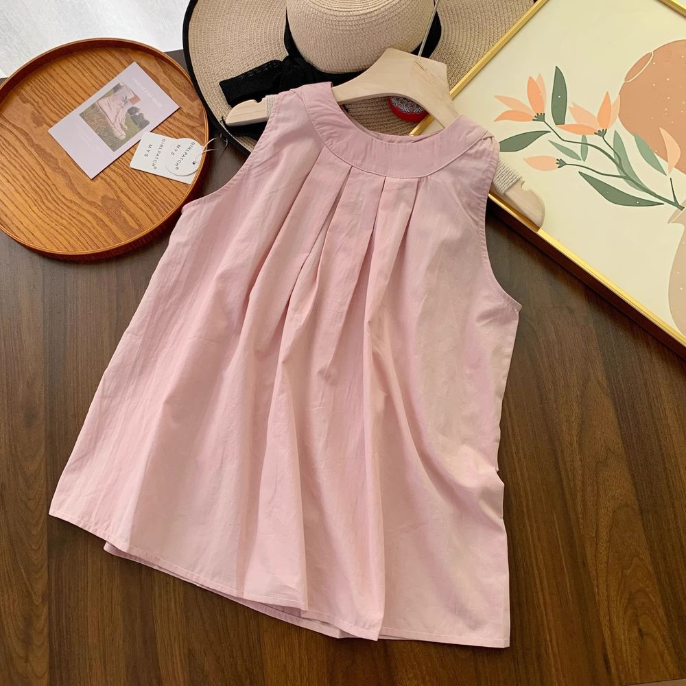 Pleated Cotton And Linen Vest Shirt Women's Summer Sleeveless Top